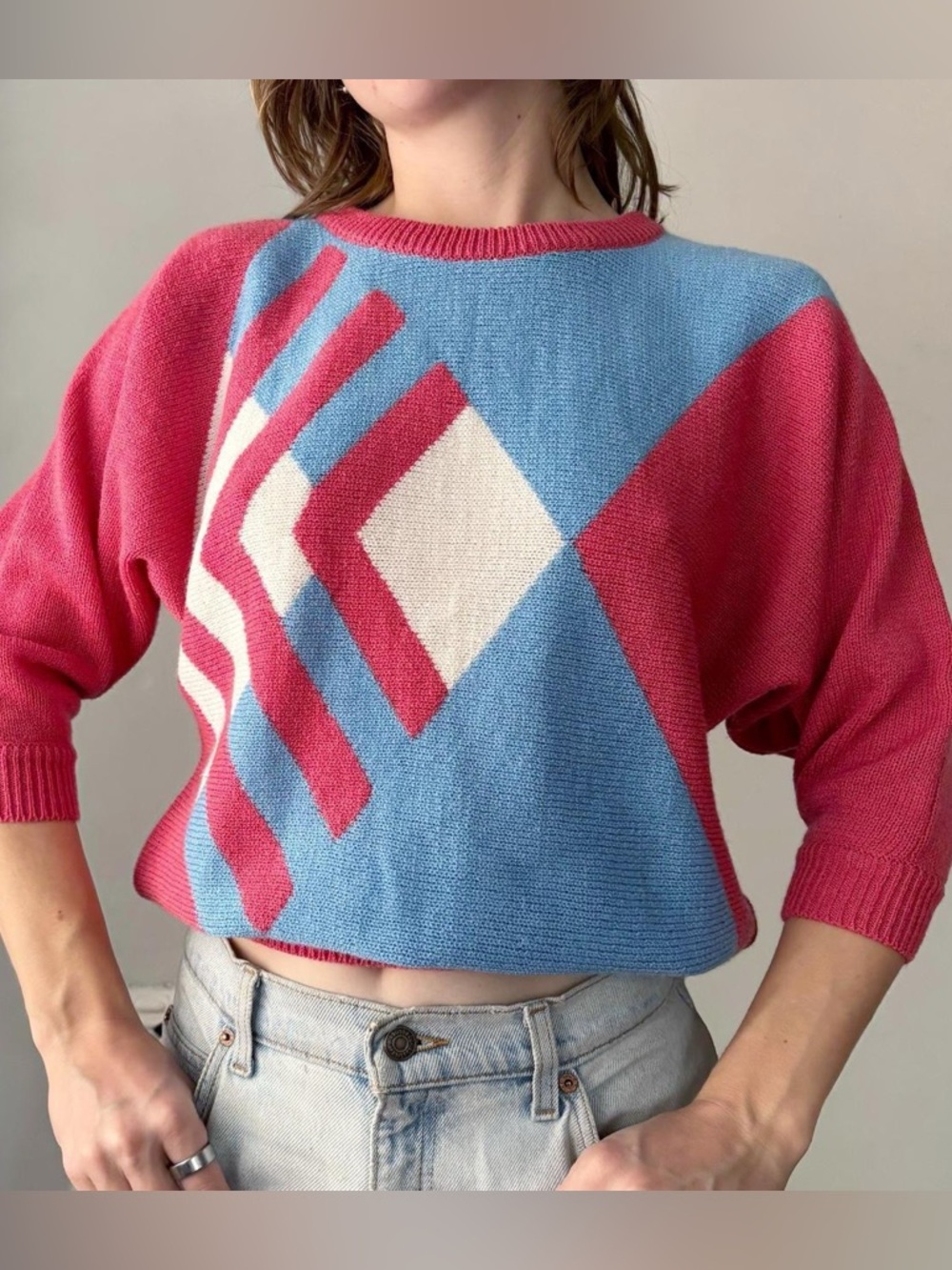 Retro 80s Colorblock Geometric 3/4 sleeve sweater